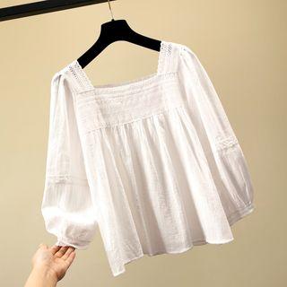 Balloon-sleeve Square Neck Blouse White - One Size