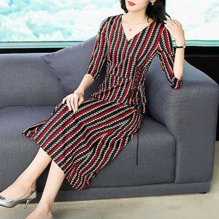 3/4-sleeve Striped Midi A-line Dress