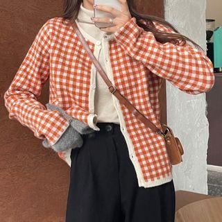 Round Neck Plaid Cardigan Plaid - Tangerine - One Size