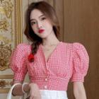 Puff-sleeve Checked V-neck Crop Top