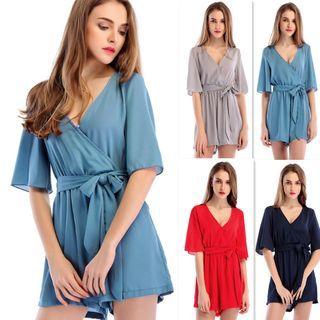 Short-sleeve Tie-front Wide-leg Romper