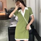 Color-block V-neck Short-sleeve Knit Dress