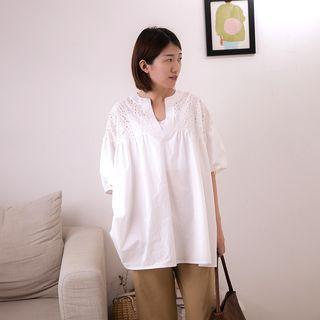 Elbow-sleeve V-neck Eyelet Blouse White - One Size