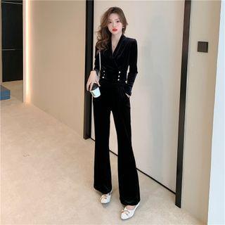 Set: Long-sleeve Cropped Velour Blouse + Boot-cut Pants