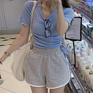 Short-sleeve Drawstring Cut-out Top / Piped Shorts
