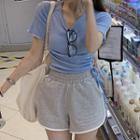 Short-sleeve Drawstring Cut-out Top / Piped Shorts