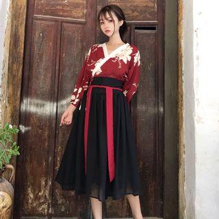Set: Print 3/4-sleeve Wrap Top + A-line Midi Skirt