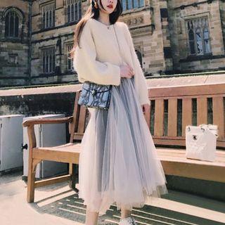 Set: Long Sleeve V-neck Sweater + Mesh Midi Skirt