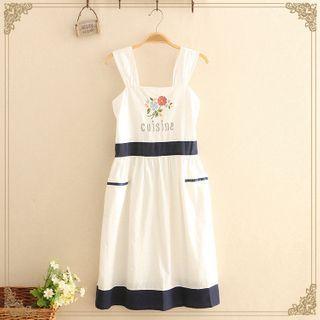 Contrast-trim Floral Embroidered Sleeveless Dress