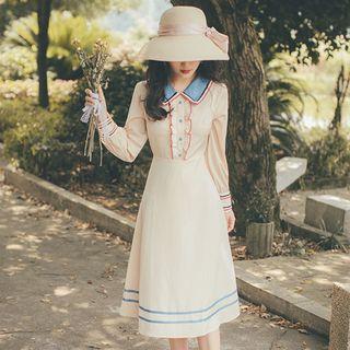 Long-sleeve Collared Contrast-lining Midi A-line Dress