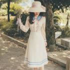 Long-sleeve Collared Contrast-lining Midi A-line Dress