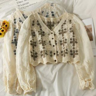 Patchwork Cropped V-neck Shirt