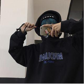 Print Loose-fit Long-sleeve Hoodie Sweatshirt Black - One Size