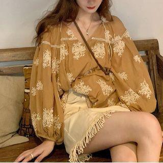 Floral Blouse / Fringed Hem Mini Pencil Skirt