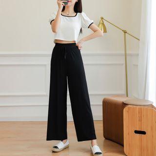 Set: Short-sleeve Cropped Ringer T-shirt + Wide-leg Pants