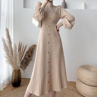 Bishop-sleeve Mock-neck Knit Midi A-line Dress