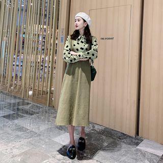Set: Long-sleeve Dotted Blouse + Suspender Midi Knit Skirt