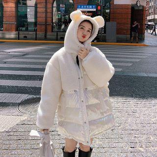 Ear Hooded Fleece Panel Wet-look Padded Jacket