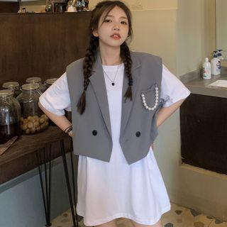 Short-sleeve Plain T-shirt / Faux Pearl Vest