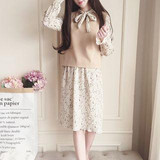 Set: Plain Vest + Floral Print Midi Chiffon Dress