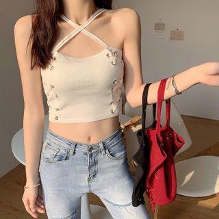 Halter-neck Lace-up Plain Knit Camisole Top