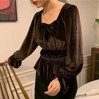 Flare-cuff Velvet Peplum Blouse