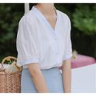 Lace Trim Buttoned Elbow-sleeve Blouse