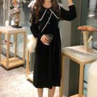Long-sleeve Faux Pearl Trim Midi Dress Black - One Size