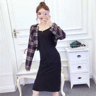 Set: Spaghetti Strap Sheath Dress + Plaid Buttoned Cropped Jacket