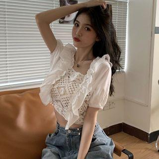 Short-sleeve Ruffle Trim Crochet Panel Crop Top