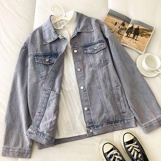 Long-sleeve Single-breasted Denim Jacket Blue - One Size