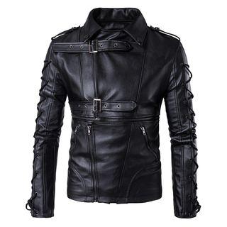 Faux-leather Lace-up Belted Biker Jacket