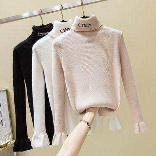 Lettering Mock Neck Long-sleeve Knit Top