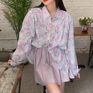 Flower Print Shirt / Pleated Mini A-line Skirt