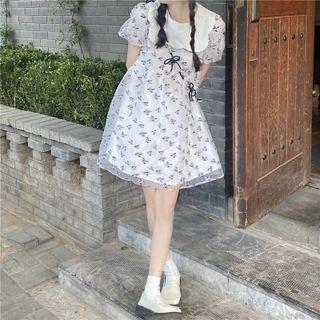 Short-sleeve Floral Printed Mesh Mini Dress White - One Size