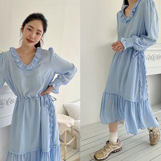 Drawcord Ruffle Long Dress