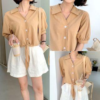 Tie-hem Puff-sleeve Blouse