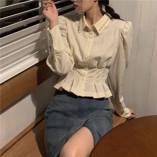 Frill Trim Cropped Blouse / Asymmetrical Slit A-line Skirt