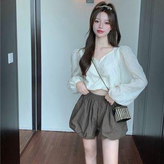 V-neck Lantern Sleeve Ruched Crop Top / High Waist Puff Shorts
