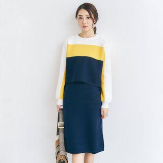 Set: Color-block Knit Top + Midi Skirt