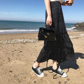 Band-waist Dot Tiered Maxi Skirt