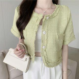 Short-sleeve Button-up Tweed Blouse
