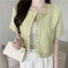 Short-sleeve Button-up Tweed Blouse