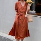 Short-sleeve Double-breasted Midi A-line Dress