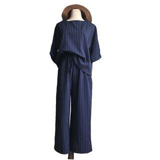 Set: Pinstriped Short Sleeve T-shirt + Wide Leg Pants