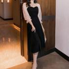 3/4-sleeve Mesh Overlay A-line Midi Dress