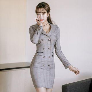 Long-sleeve Double-breast Plaid Sheath Dress
