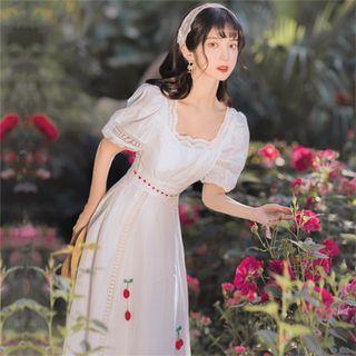 Puff-sleeve Lace Trim Embroidered Midi A-line Dress