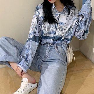 Long-sleeve Painted Shirt Grayish Blue - One Size