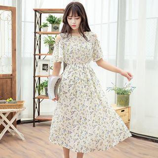 Floral Print Cold Shoulder A-line Midi Dress